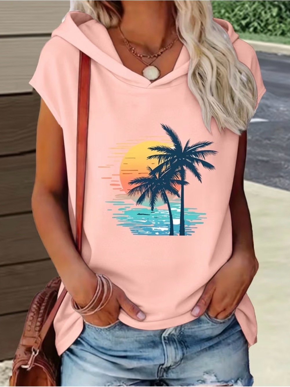 Pink Palm Tree Hooded Shortsleeved Top - Picture 1 of 3